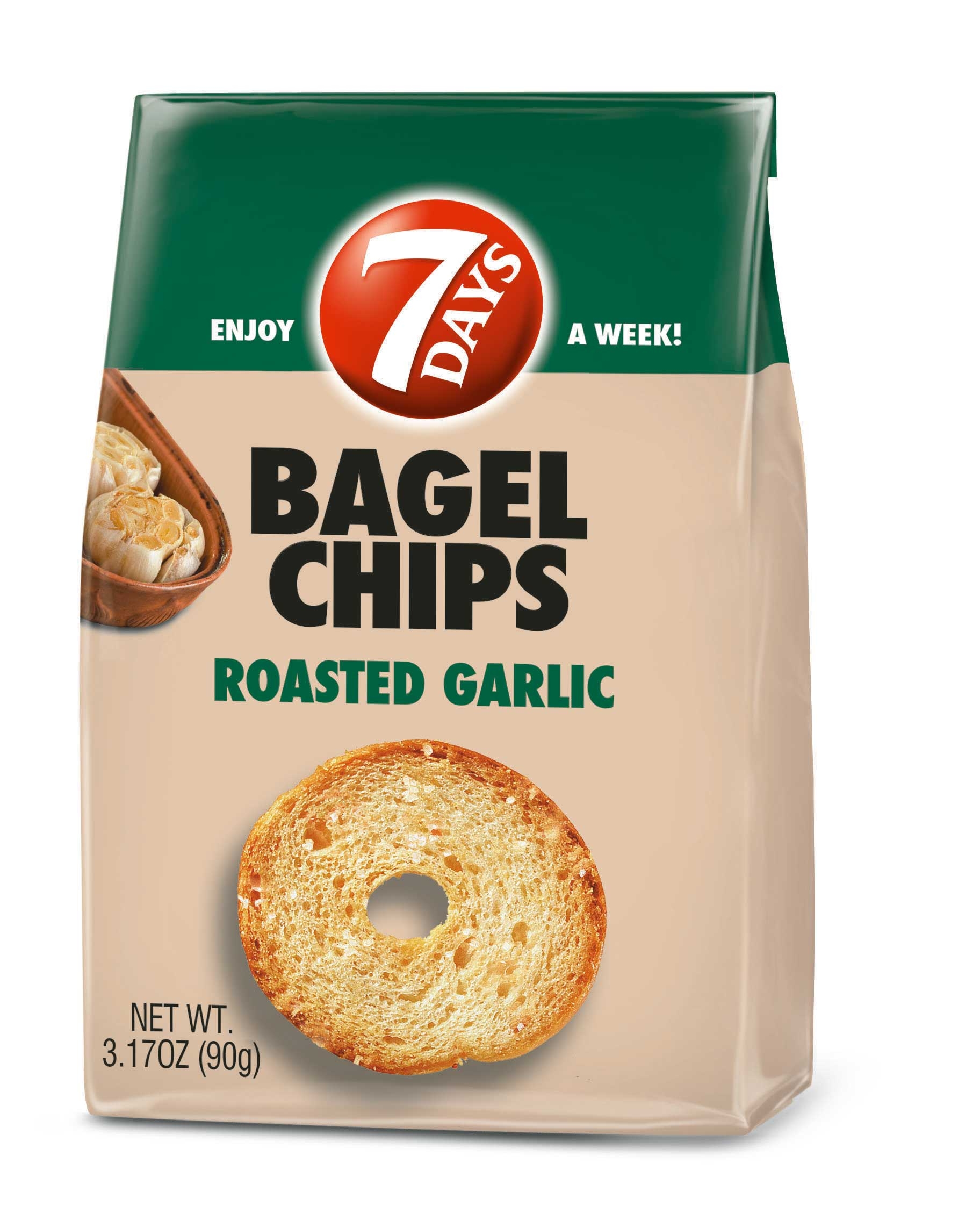 7 Days Roasted Garlic Bagel Chips, 3.17 Ounce -- 12 per case.