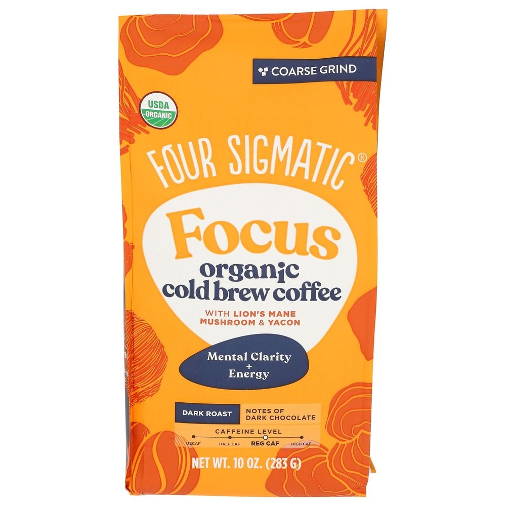 Four Sigmatic Organic Focus Coarse Grind Cold Brew Coffee with Lions Mane Mushroom and Yacon, 10 Ounce -- 8 per case