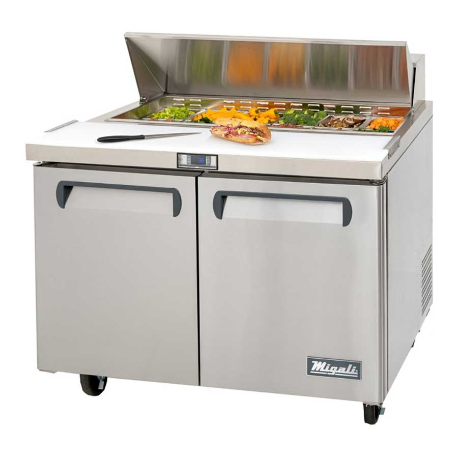 Migali Stainless Steel 2 Door Sandwich Prep Table with 2 Adjustable Shelves, 27.5 inch Width x 30 inch Depth x 43.7 inch Height