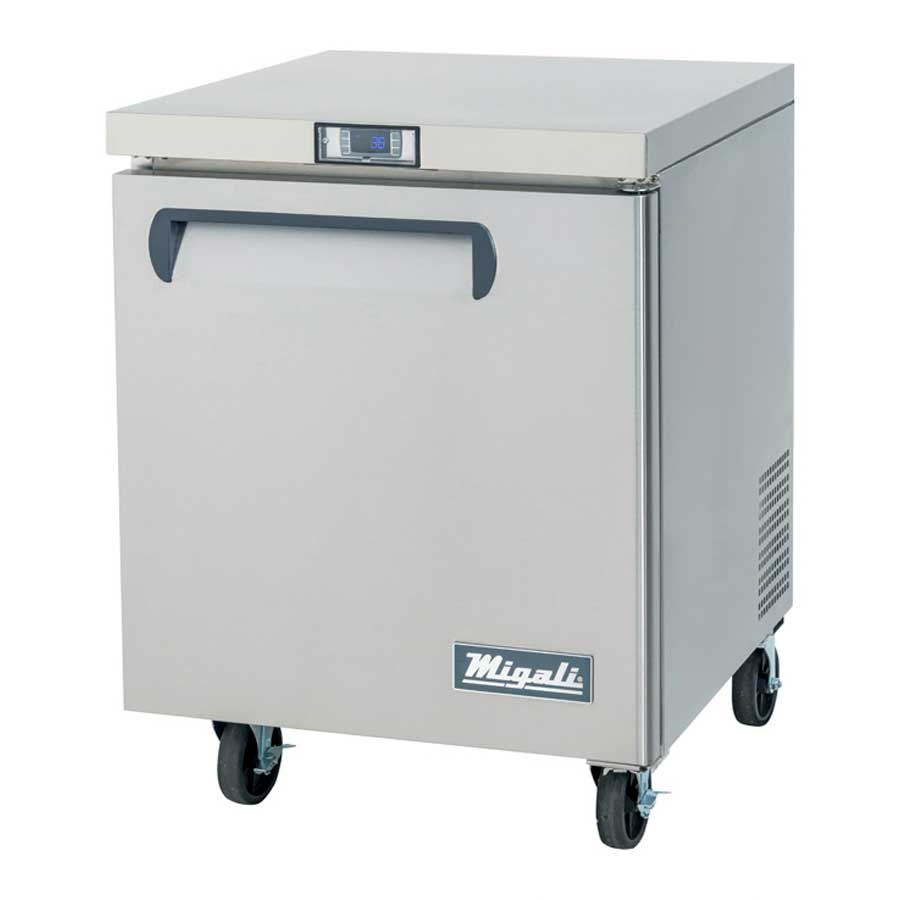 Migali Stainless Steel 1 Door Under Counter and Work Top Refrigerator with Adjustable Shelf, 27.5 inch Width x 30 inch Depth x 37.25 inch Height