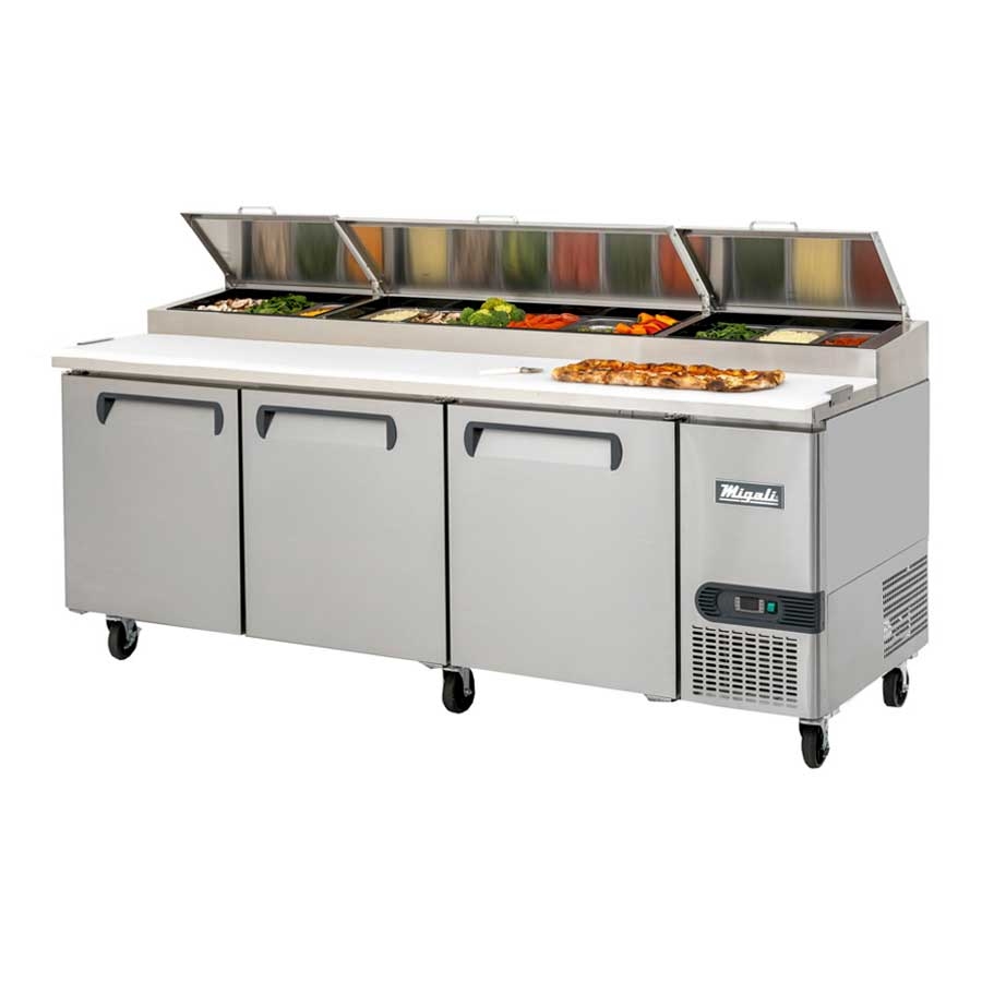 Migali Stainless Steel 3 Door Pizza Prep Refrigerator with 3 Adjustable Shelf, 93 inch Width x 33 inch Depth x 42 inch Height