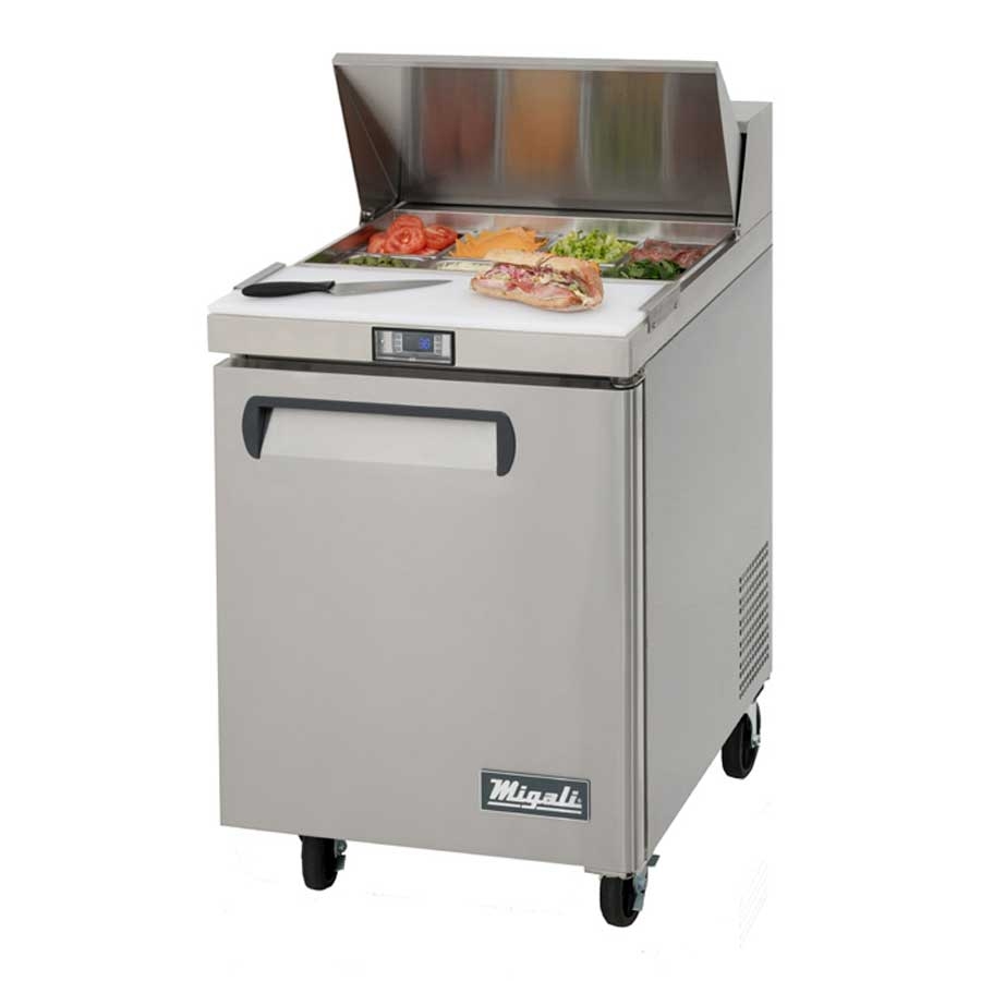 Migali Stainless Steel 1 Door Sandwich Prep Table with Adjustable Shelf, 27.5 inch Width x 30 inch Depth x 43.7 inch Height