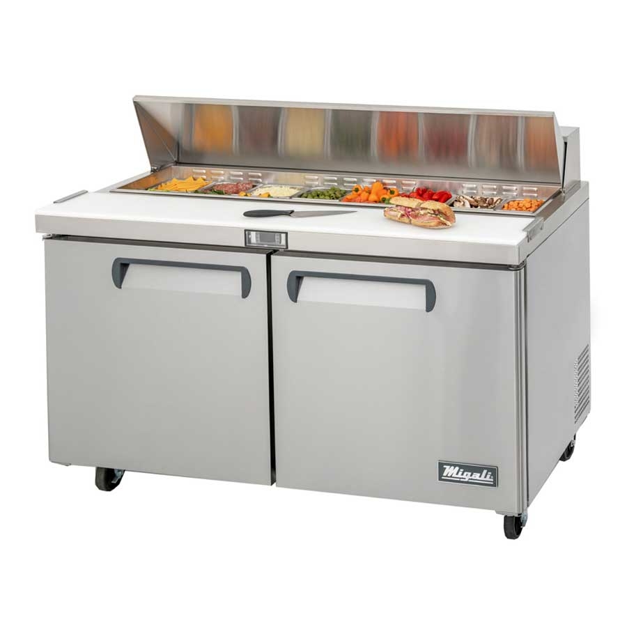 Migali Stainless Steel 2 Door Sandwich Prep Table with 2 Adjustable Shelves, 60.2 inch Width x 30 inch Depth x 43.7 inch Height