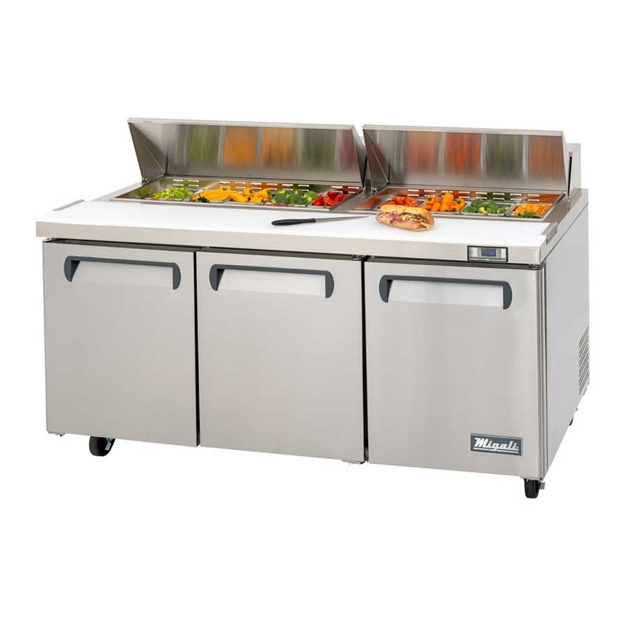 Migali Stainless Steel 3 Door Sandwich Prep Table with 3 Adjustable Shelves, 72.7 inch Width x 30 inch Depth x 43.7 inch Height