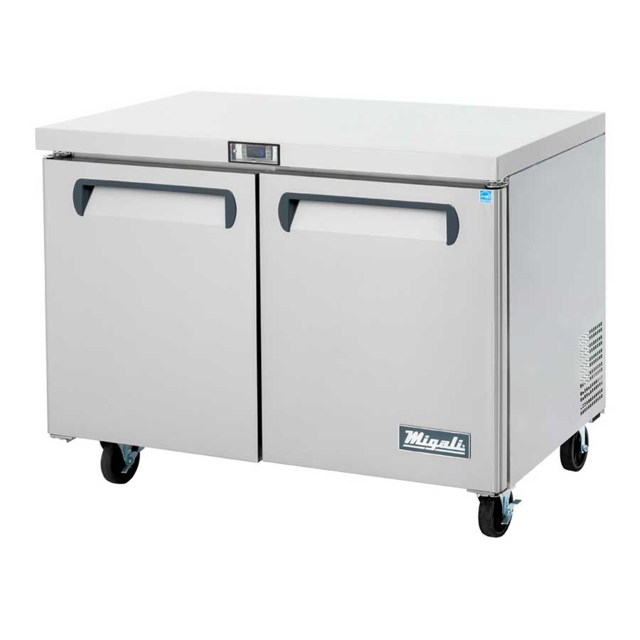 Migali Stainless Steel 2 Door Under Counter and Work Top Freezer with 2 Adjustable Shelves, 48.2 inch Width x 30 inch Depth x 37.25 inch Height
