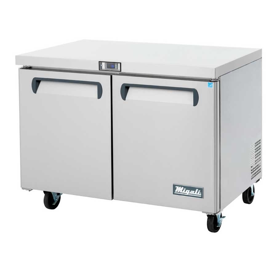 Migali Stainless Steel 2 Door Under Counter and Work Top Refrigerator with 2 Adjustable Shelves, 48.2 inch Width x 30 inch Depth x 37.25 inch Height