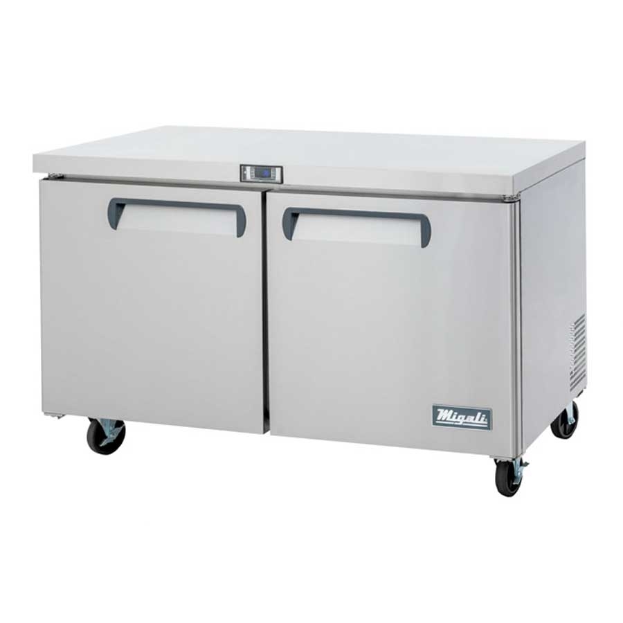 Migali Stainless Steel 2 Door Under Counter and Work Top Refrigerator with 2 Adjustable Shelves, 60.2 inch Width x 30 inch Depth x 37.25 inch Height