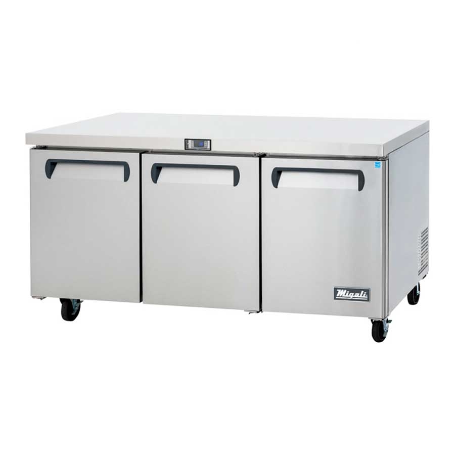 Migali Stainless Steel 3 Door Under Counter and Work Top Refrigerator with 3 Adjustable Shelves, 72.7 inch Width x 30 inch Depth x 37.25 inch Height