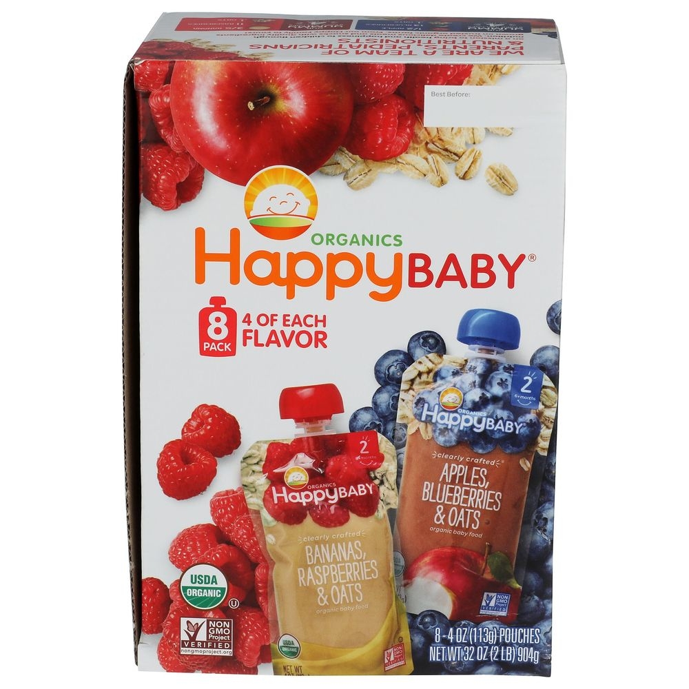 Happy Baby Organic 4 Ounce Bananas Raspberries Baby Food, 8 count