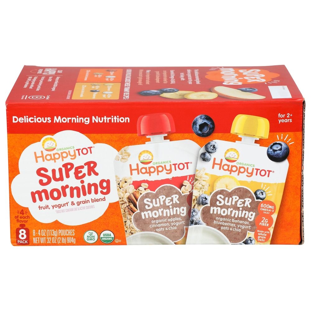 Happy Tot Organic Super Morning 4 Ounce Apples Cinnamon Yogurt Oats Chia and Bananas Yogurt Grain Blend Baby Food, 8 count