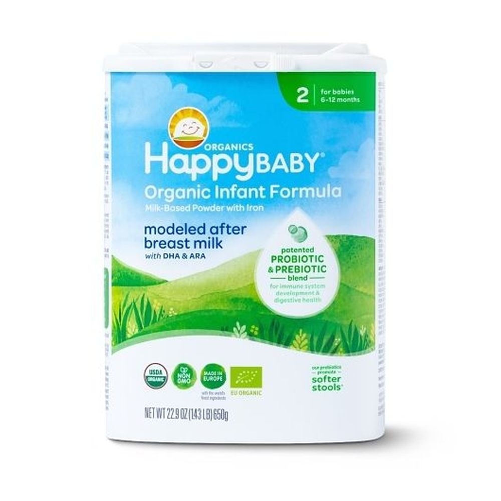 Happy Baby Organic Non-Gmo Milk-Based Infant Formula with Prebiotics for Stage 2 , 22.9 Ounce Tub - 6 per case