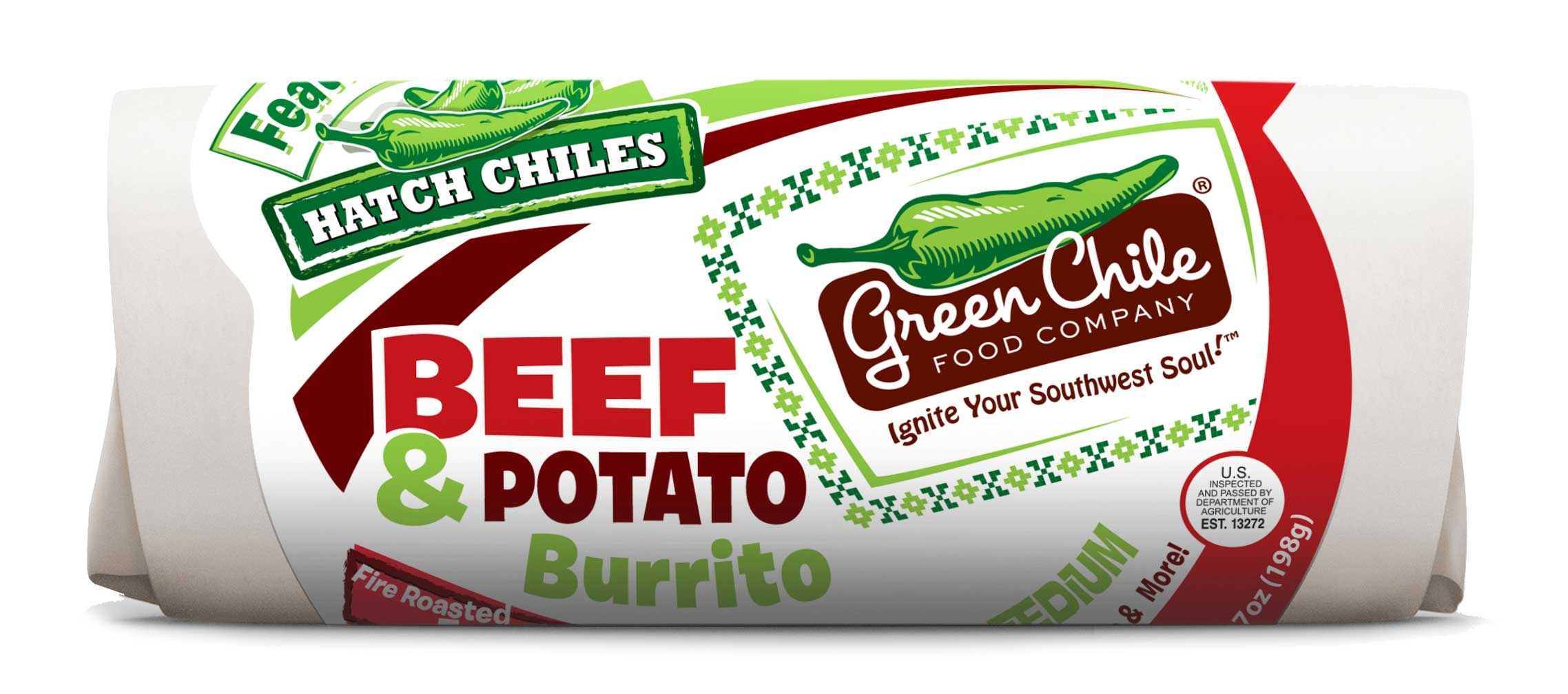 Green Chile Food Beef Burrito with Potato Green Chile Salsa and Cheddar, 7 Ounce -- 12 per case.