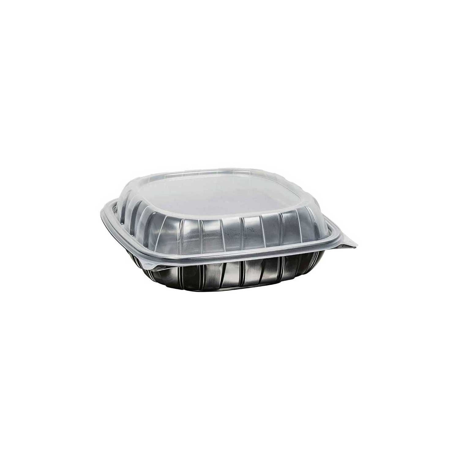 Inno-Pak 9 inch Rigid 1 Cell Clear Polypropylene Top Black Bottom Carry Out Microwave Hinged Container, 51 Fluid Ounce -- 112 per case