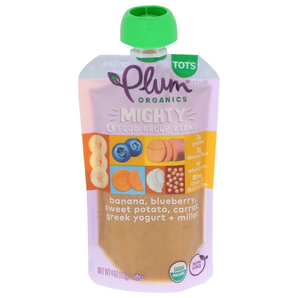 Plum Organics Mighty 4 Banana Blueberry Sweet Potato Carrot Greek Yogurt plus Millet Baby Food for Tots, 4 Ounce -- 12 per case