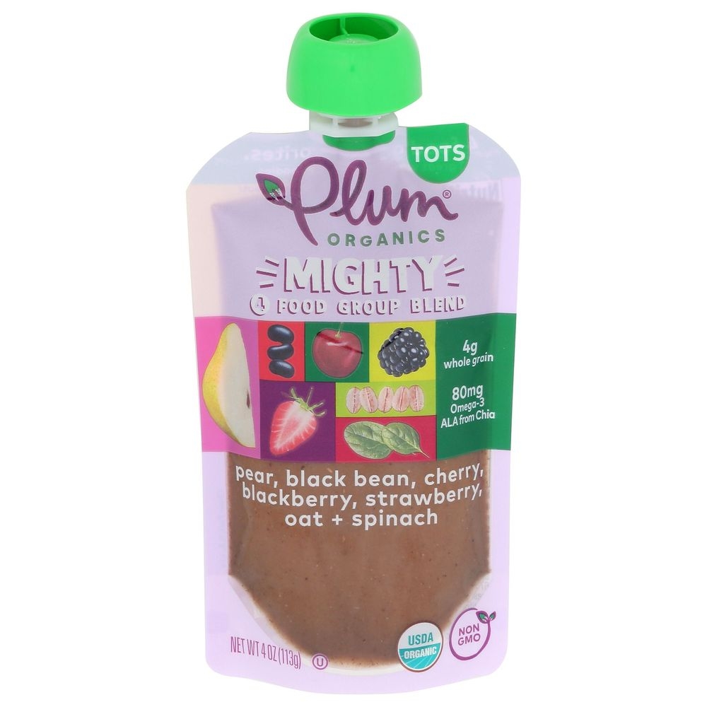 Plum Organics Mighty 4 Pear Black Bean Cherry Blackberry Strawberry Oat Spinach Baby Food for Tots, 4 Ounce -- 12 per case