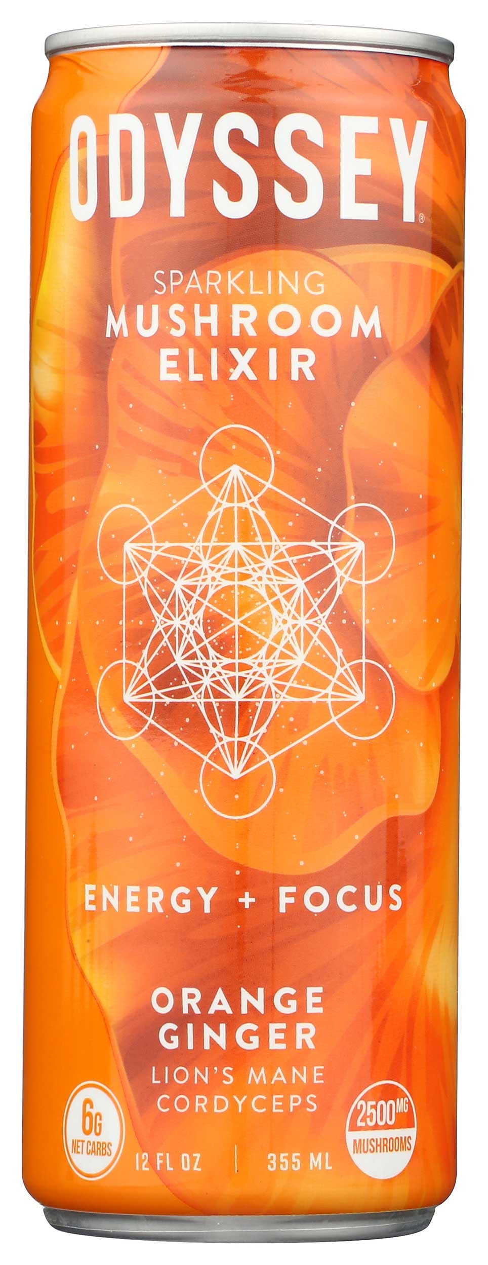 Odyssey Orange Ginger Sparkling Mushroom Elixir Energy Plus Focus Drink, 12 Fluid Ounce -- 12 per case