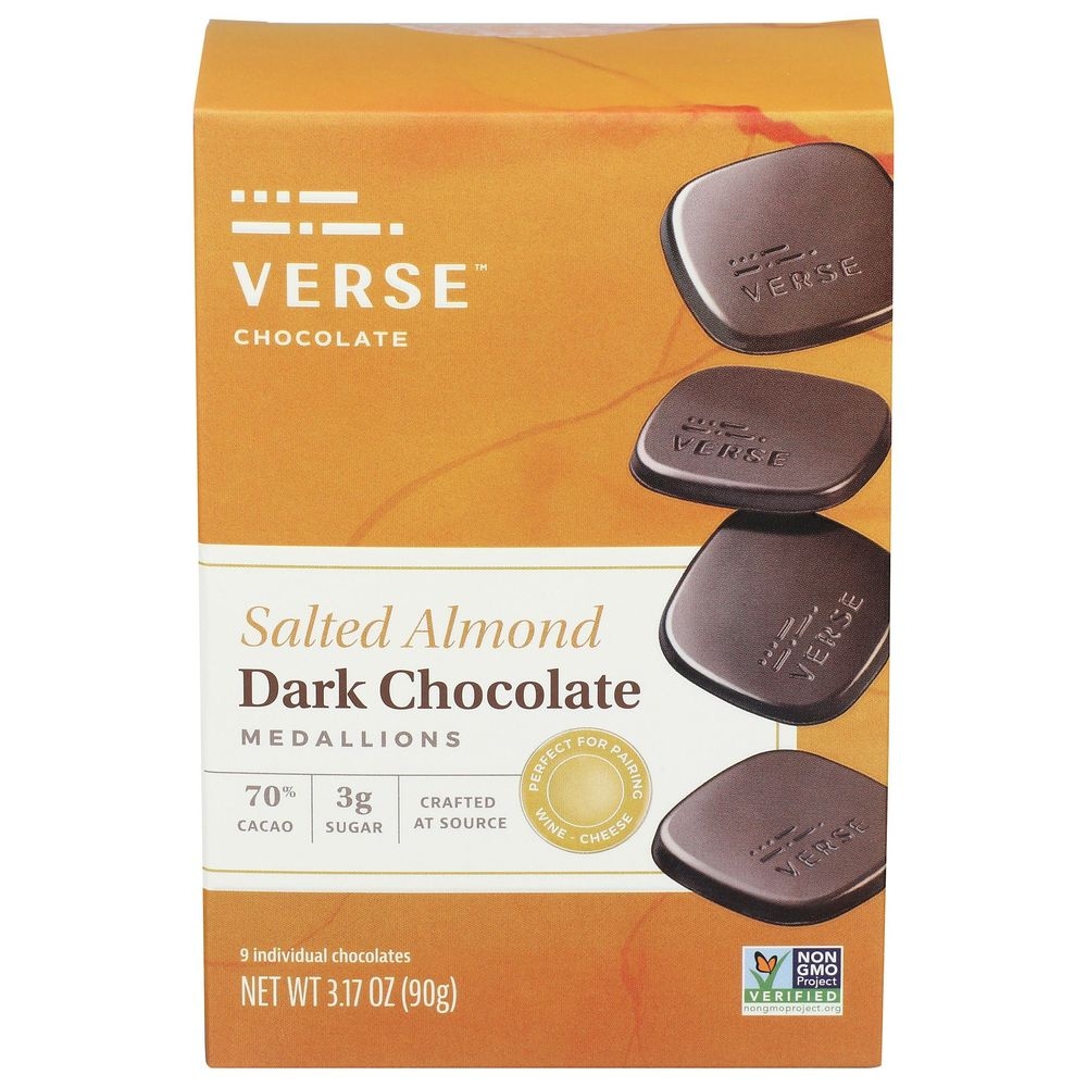 Verse 70 Percent Cacao Salted Almond Dark Chocolate Medallions, 3.17 Ounce -- 8 per case