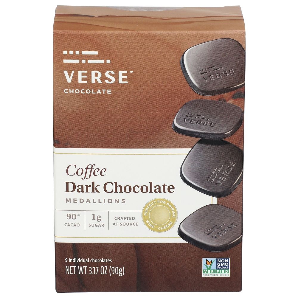 Verse 90 Percent Cacao Coffee Dark Chocolate Medallions, 3.17 Ounce -- 8 per case