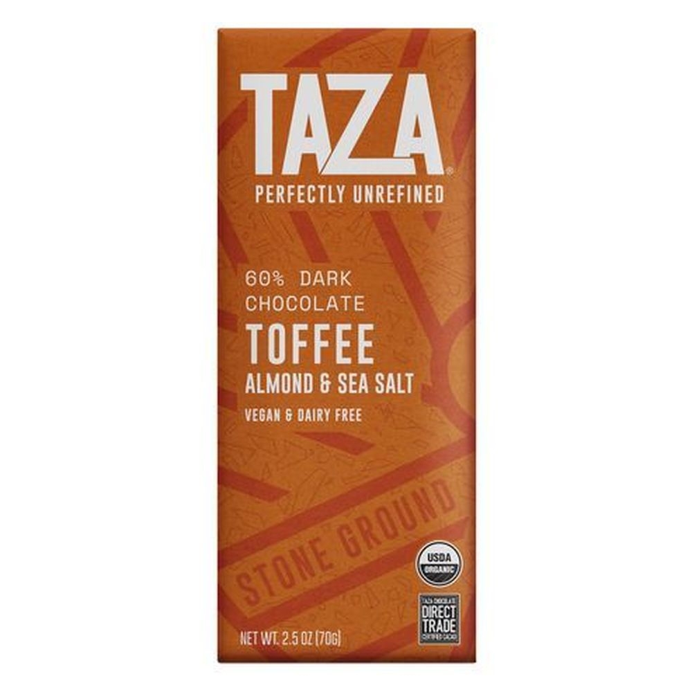 Taza Organic 60 Percent Dark Chocolate Bar with Toffee Almond and Sea Salt, 2.5 Ounce -- 10 per case