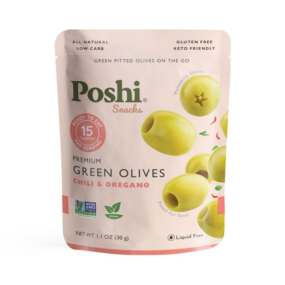 Poshi Snacks Chili and Oregano Pitted Green Olives, 1.1 Ounce -- 10 per case