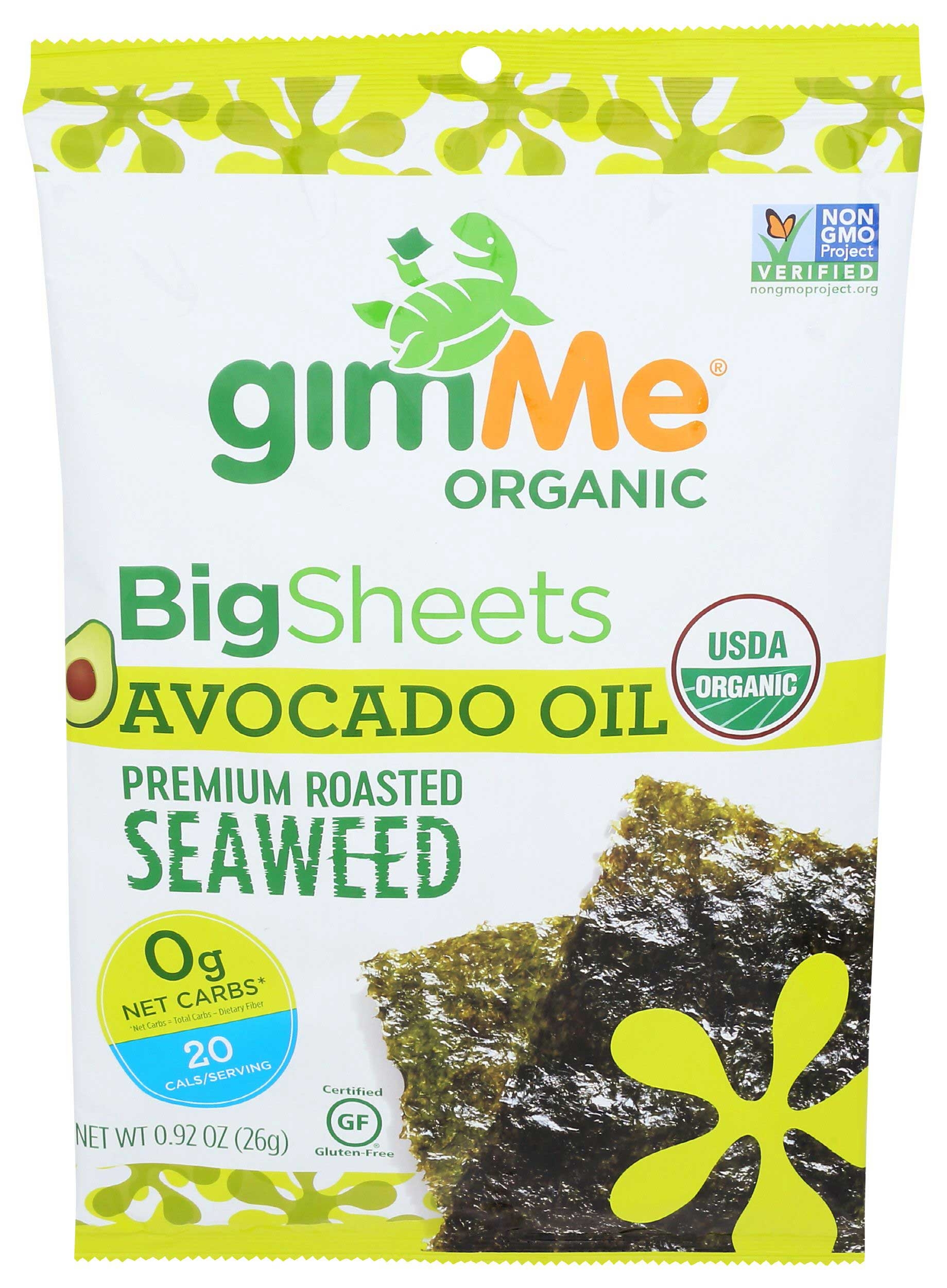 Gimme Organic Big Sheets Avocado Oil Premium Roasted Seaweed Snacks, 0.92 Ounce -- 10 per case