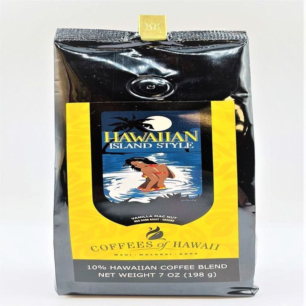 Island Style Vanilla Mac Nut 10 Percent Medium Dark Roast Hawaiian Ground Coffee, 7 Ounce -- 12 per case