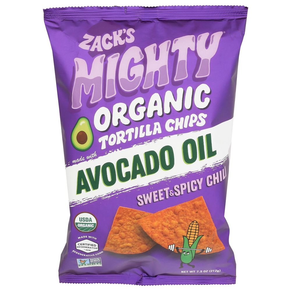 Zacks Mighty Organic Sweet and Spicy Chili Avocado Oil Tortilla Chips, 7.5 Ounce -- 9 per case