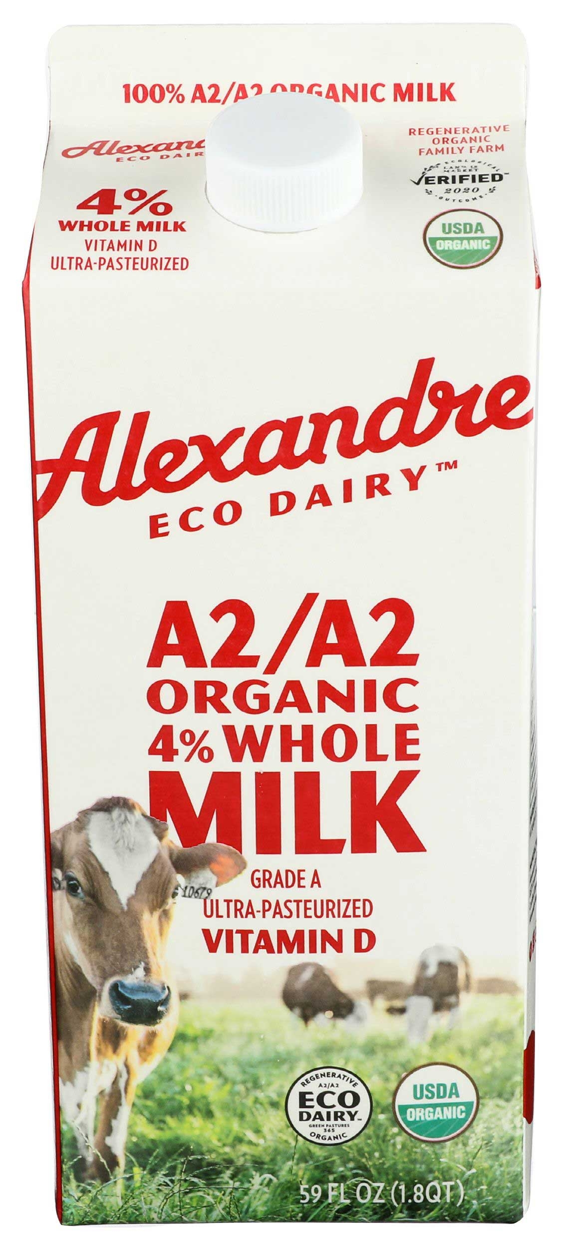 Alexandre Eco Dairy A2/A2 Organic 4 Percent Whole Milk, 59 Fluid Ounce -- 6 per case