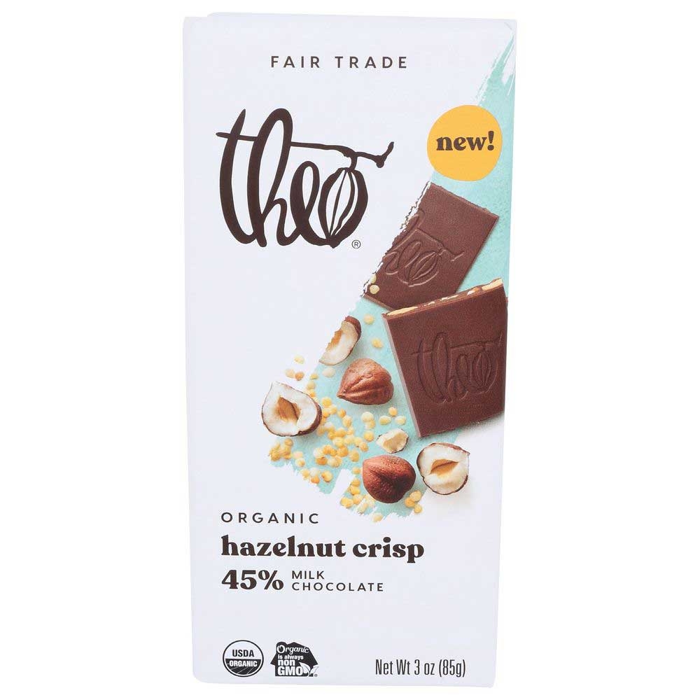 Theo Organic Hazelnut Crisp 45 Percent Milk Chocolate Bar, 3 Ounce -- 12 per case