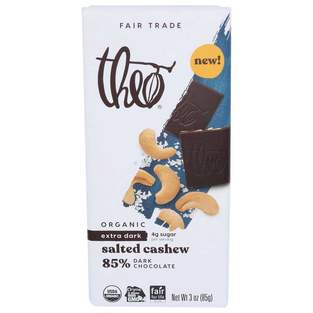 Theo Organic Salted Cashew 85 Percent Dark Chocolate Bar, 3 Ounce -- 12 per case