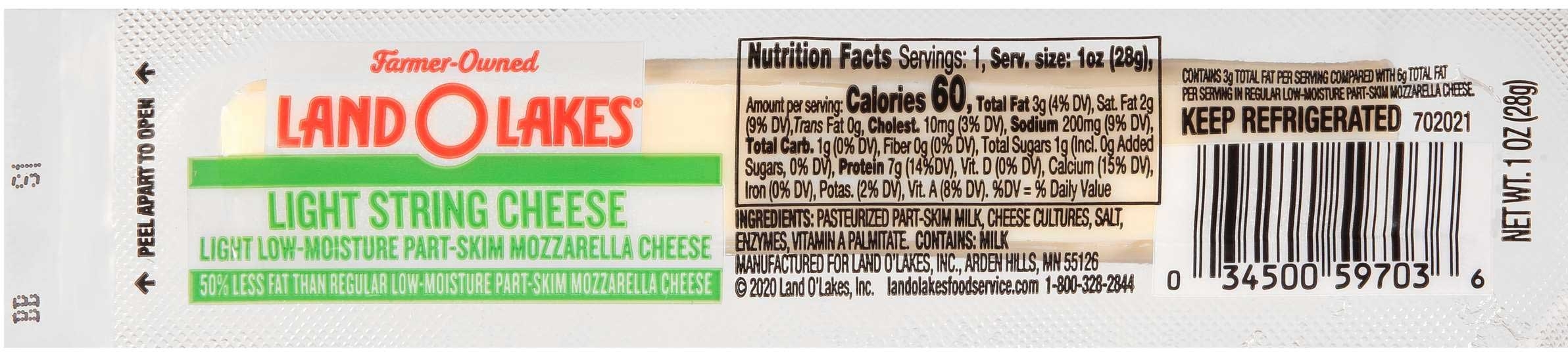 Land O Lakes Light Mozzarella String Cheese Portion, 1 Ounce -- 168 per case.
