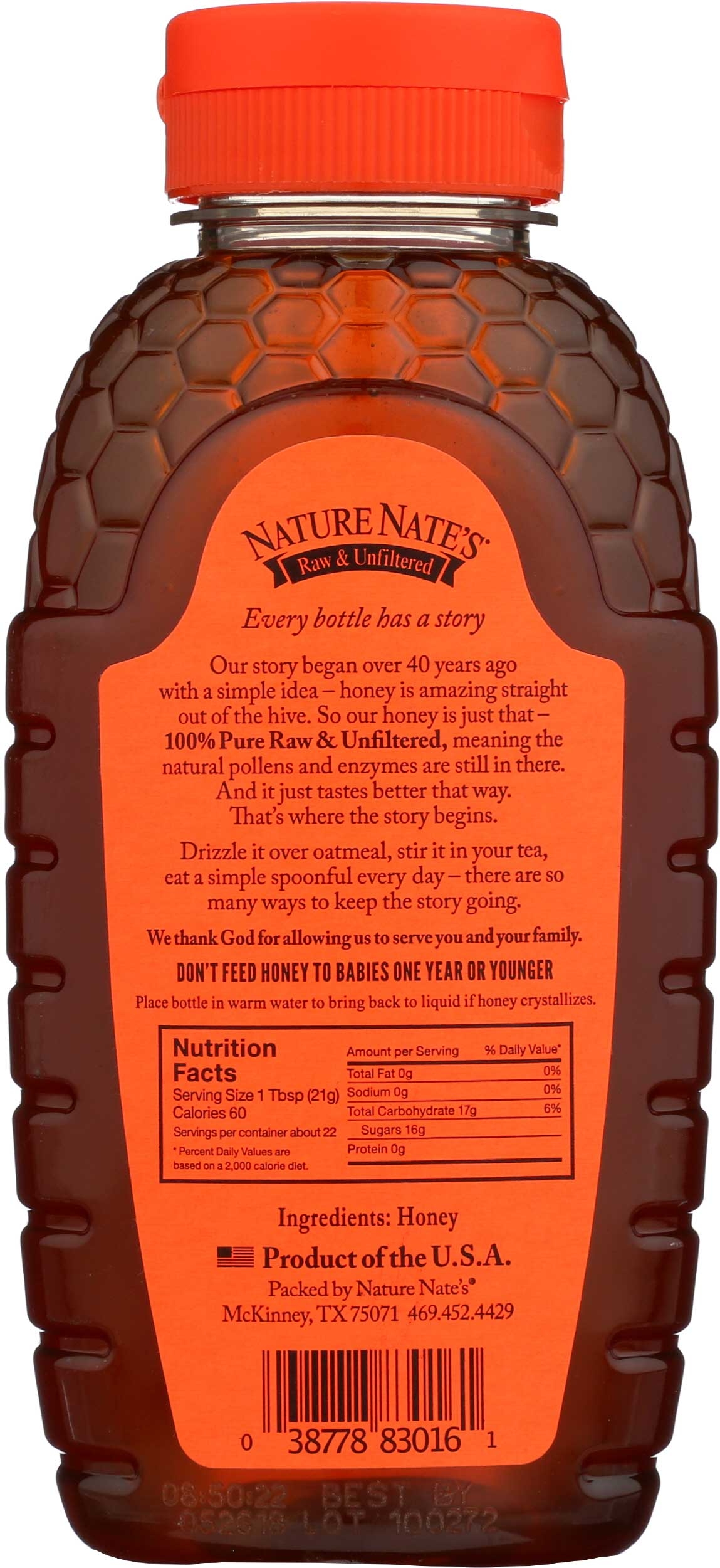 Nature Nate's 100 Percent Pure Raw and Unfiltered Honey, 16 Ounce Bottle -- 6 per case