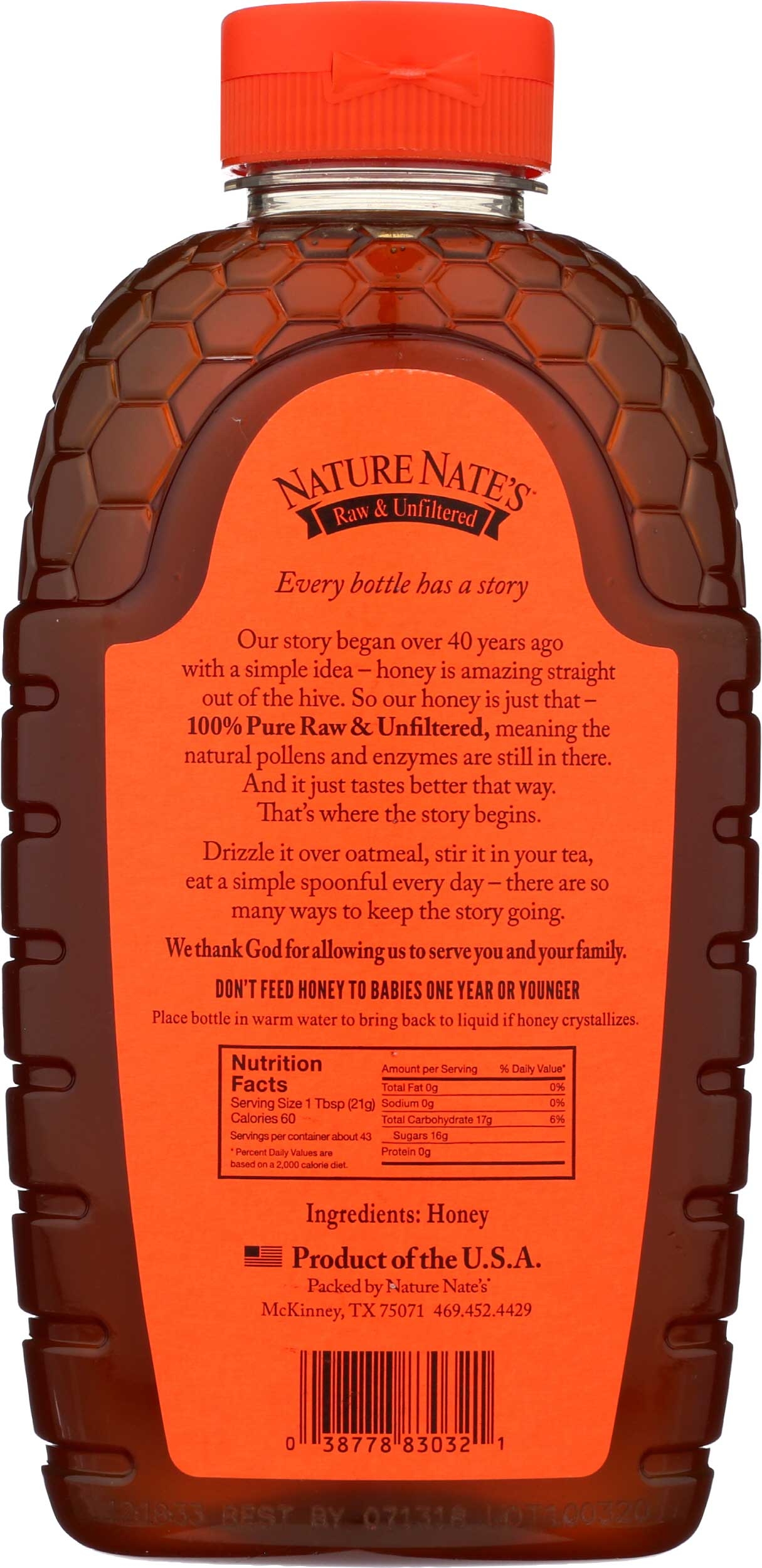 Nature Nate's 100 Percent Pure Raw and Unfiltered Honey, 32 Ounce Bottle -- 6 per case