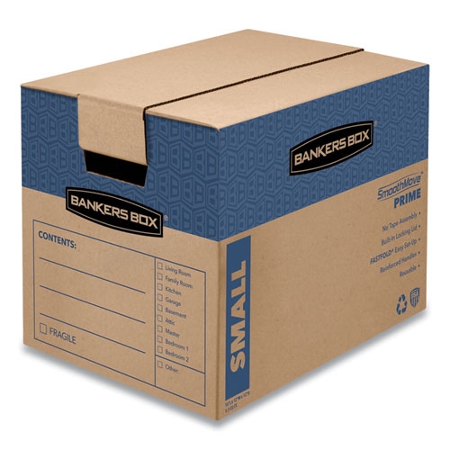 Bankers Box SmoothMove Prime Brown/Blue Regular Slotted Small Moving/Storage Box with Hinged Lid, 12 x 16 x 12 inch -- 15 per case