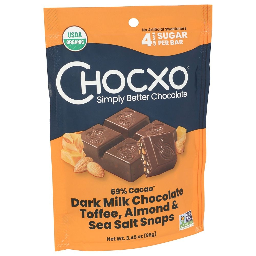 Chocxo Organic Dark Milk Chocolate Toffee Almond and Sea Salt Snaps, 3.45 Ounce -- 6 per case