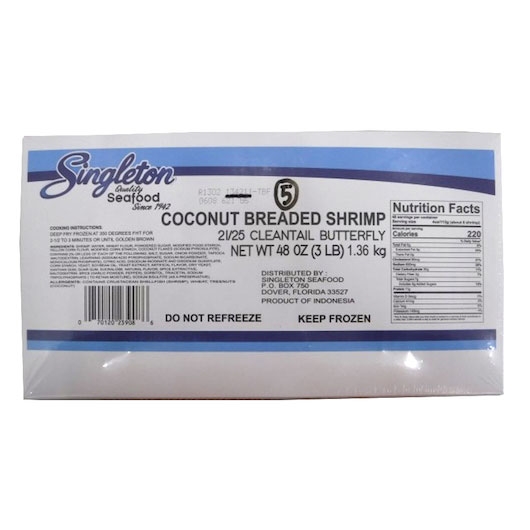 Singleton Coconut Clean Tail Butterfly Breaded Shrimp, 3 Pound -- 4 per case.
