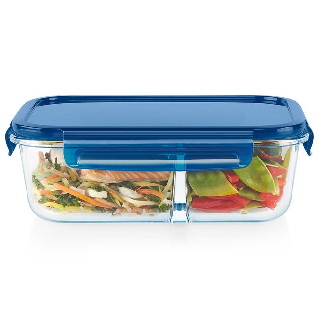 Pyrex MealBox 5.8 Cup Divided Glass Food Storage Container with Blue Lid -- 4 per case