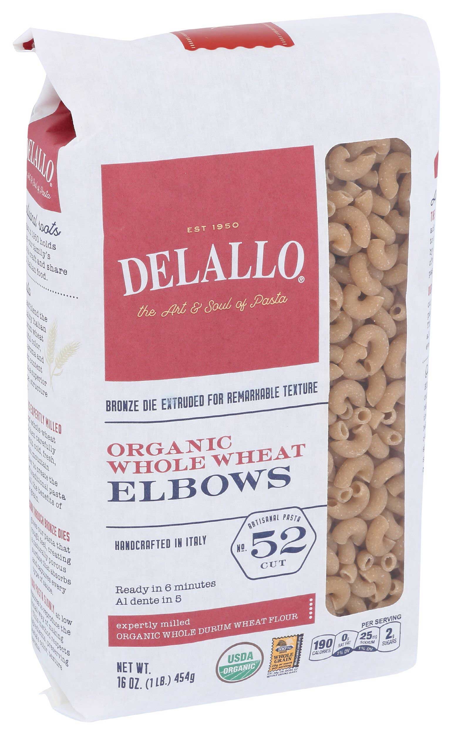 Delallo Organic Whole Wheat Elbows Pasta, 16 Ounce -- 12 per case
