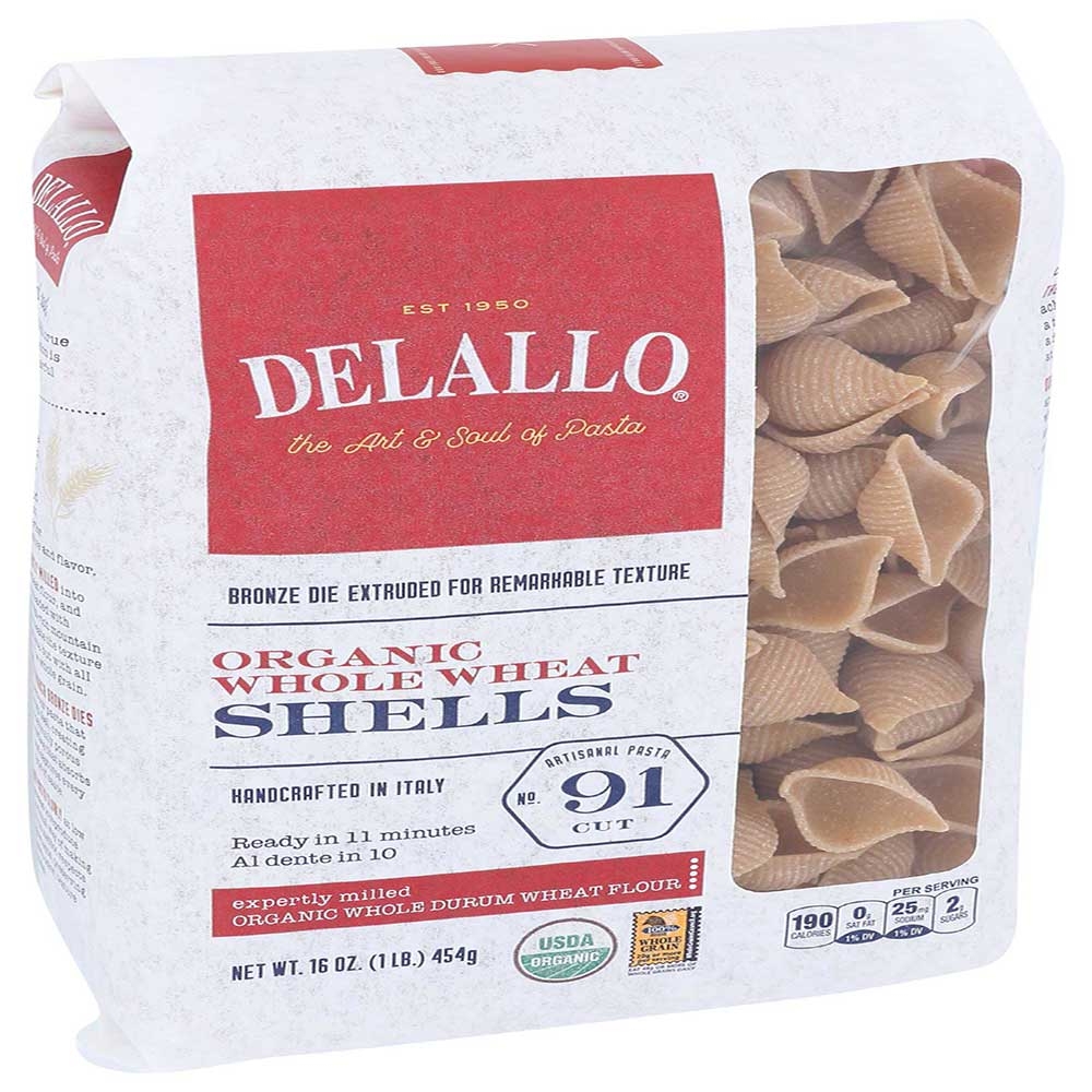 Delallo Organic Whole Wheat Shell Pasta, 16 Ounce -- 8 per case