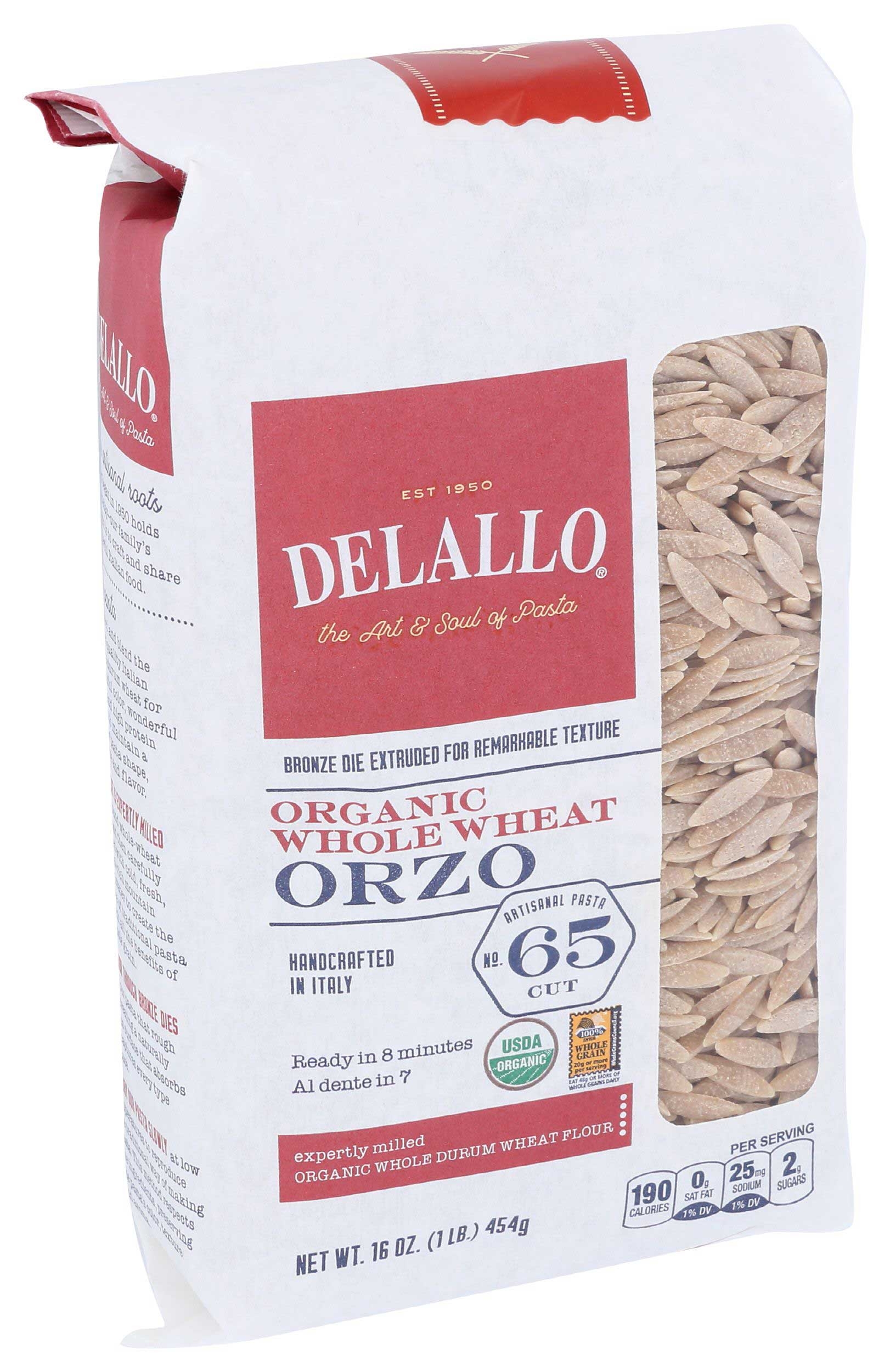 Delallo Organic Whole Wheat Orzo Pasta, 16 Ounce -- 12 per case