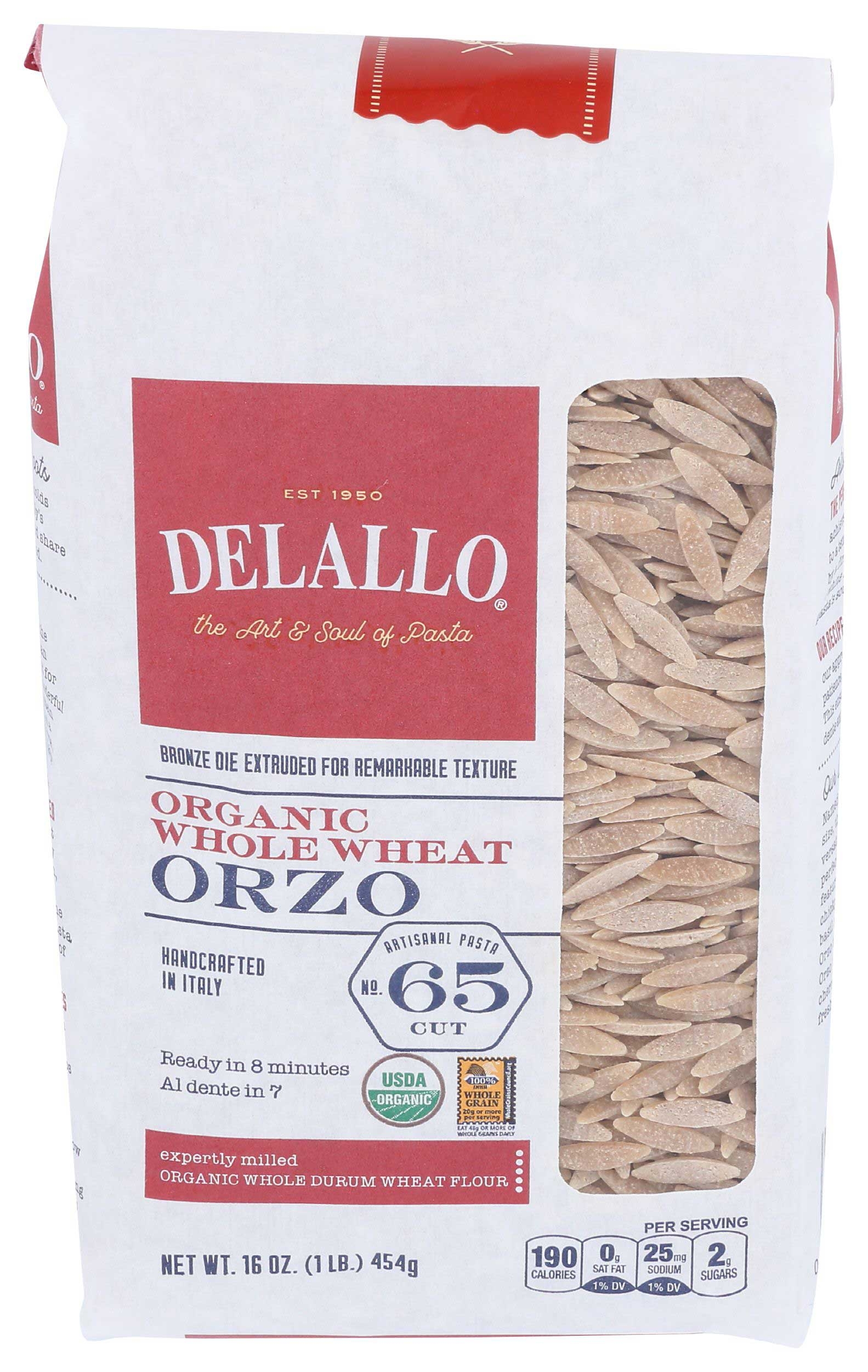 Delallo Organic Whole Wheat Orzo Pasta, 16 Ounce -- 12 per case