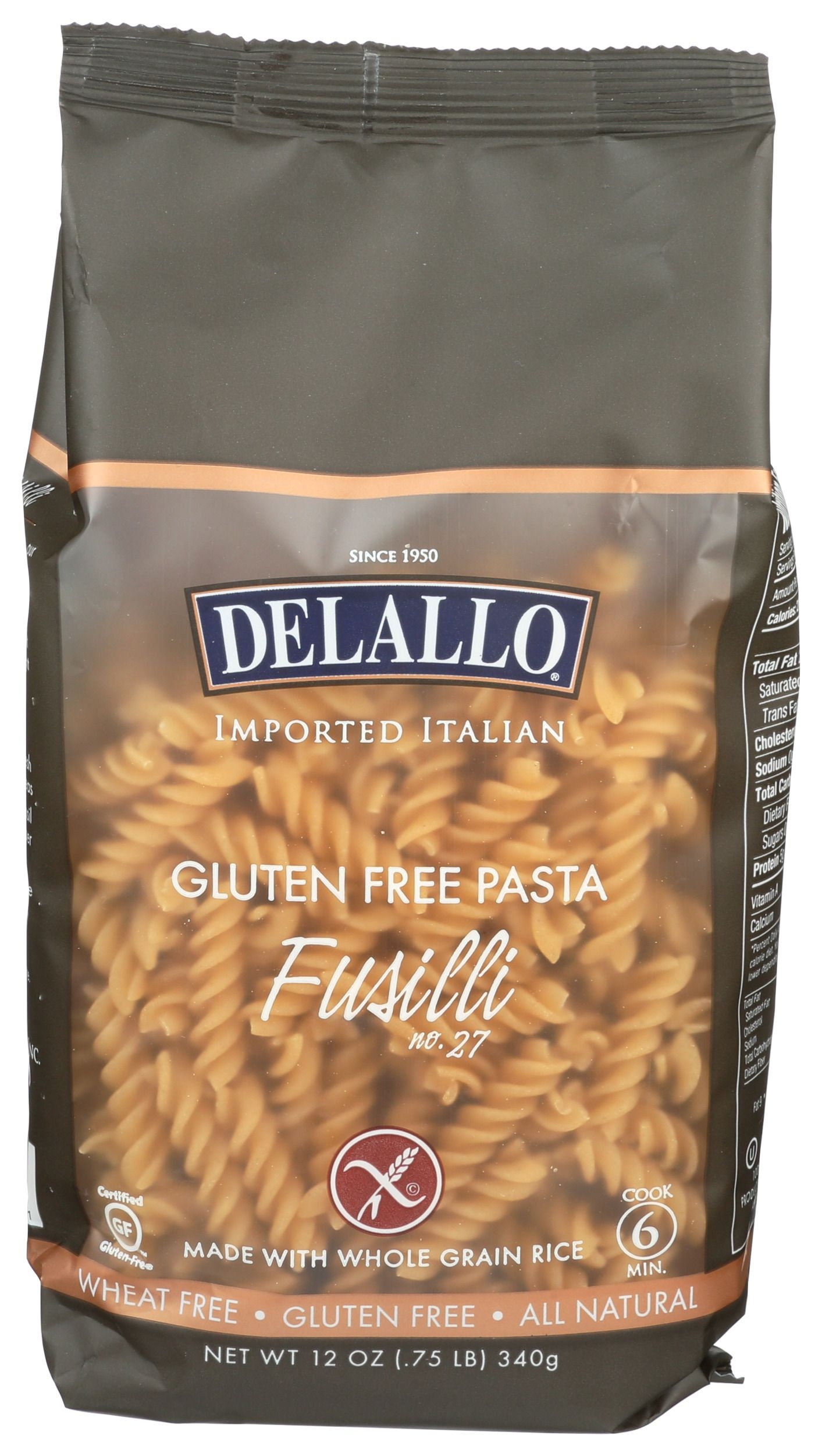 Delallo Whole Grain Rice Fusilli Pasta, 12 Ounce -- 12 per case