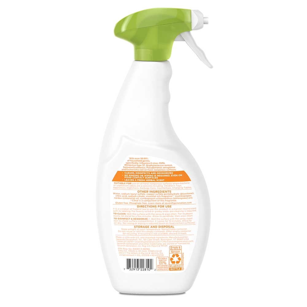 Seventh Generation Lemongrass Citrus Multi Surface Disinfecting Bathroom Cleaner, 26 Ounce