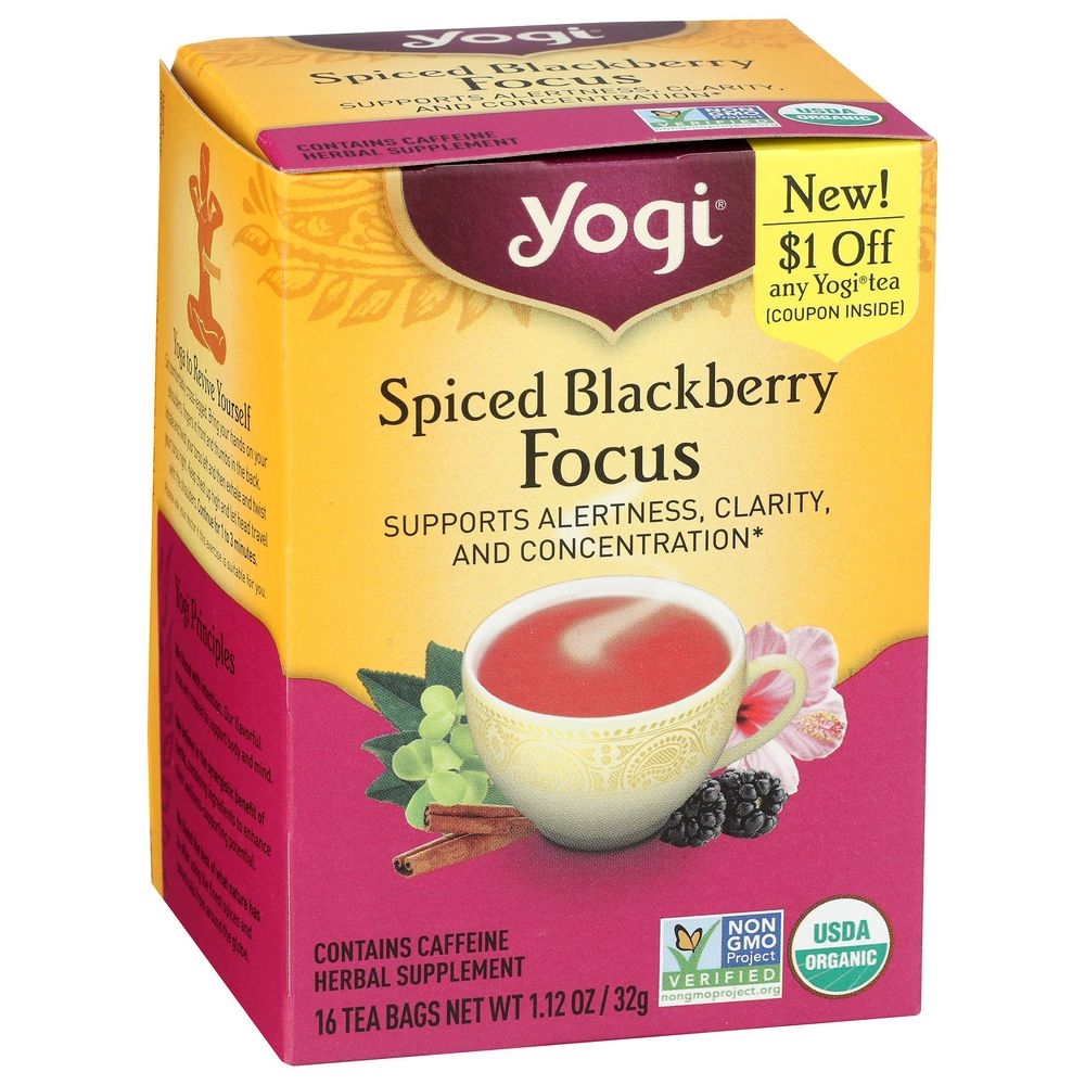 Yogi Organic Spiced Blackberry Focus Herbal Supplement Tea, 16 tea bags -- 6 per case