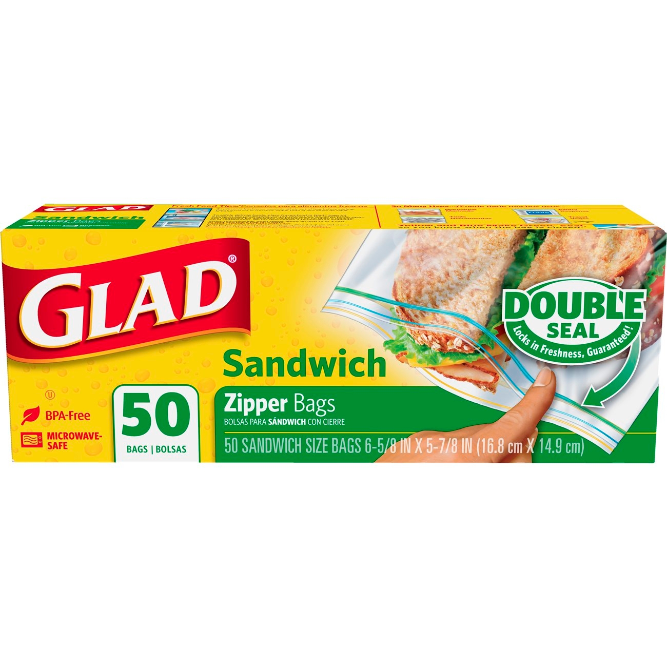 Clorox Glad Zipper Food Storage Sandwich Bag - 50 per pack -- 12 packs per case.