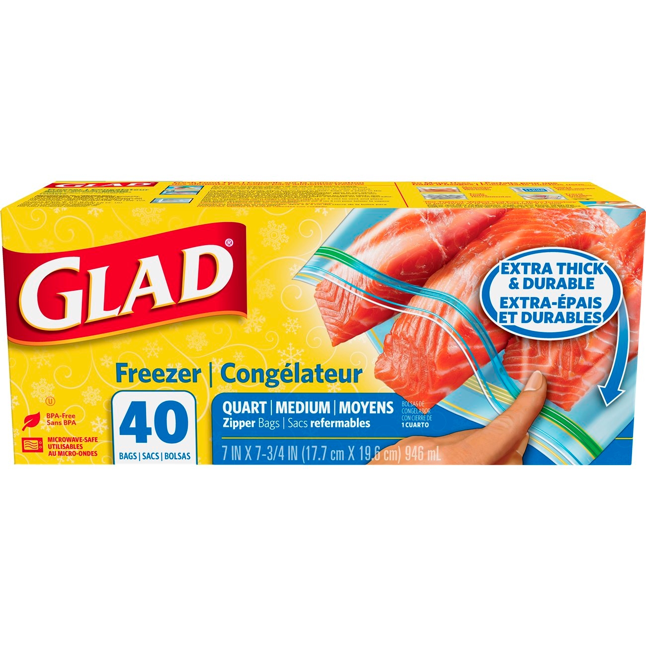 Glad Freezer Zipper Bags Quart, 40 Count -- 9 per case