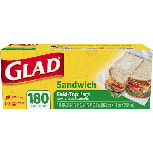 Clorox Glad Fold Top Food Storage Sandwich Bag - 180 per pack -- 12 packs per case.