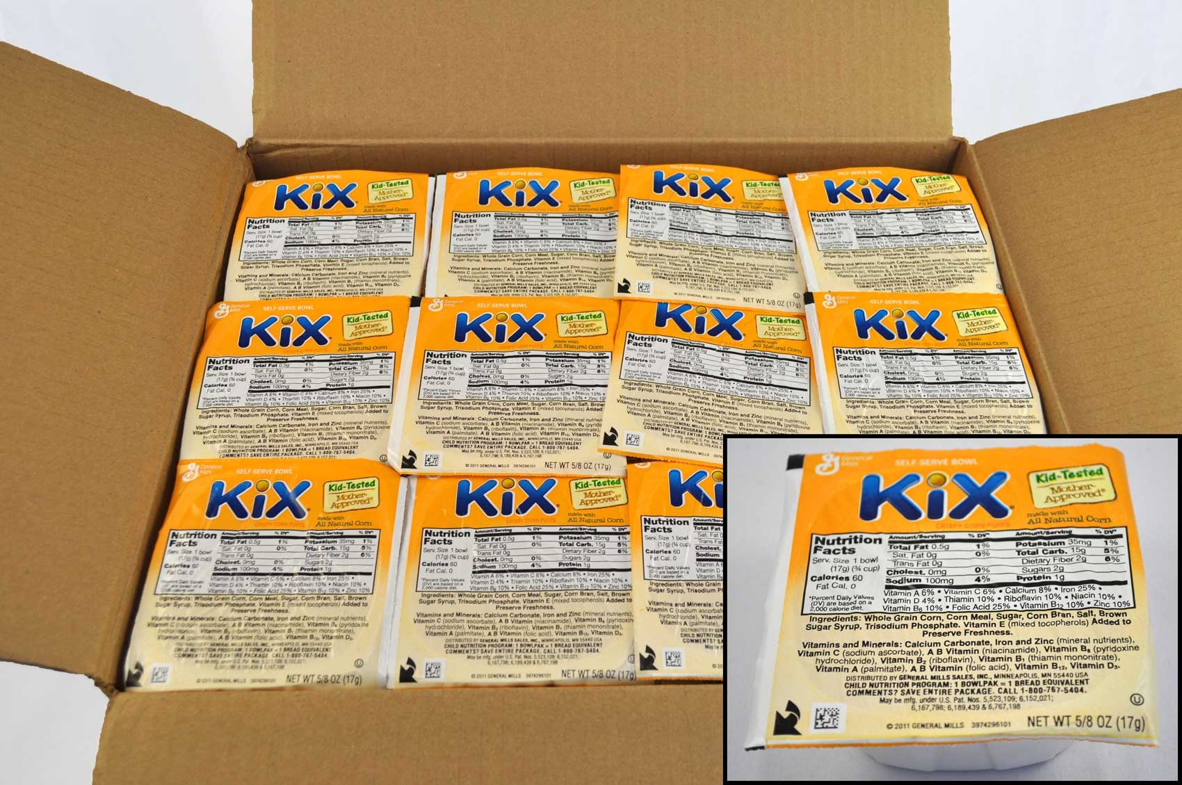 General Mills Kix Cereal Crispy Corn Puffs, Bowl Pak, 0.63 Ounce -- 96 per case.