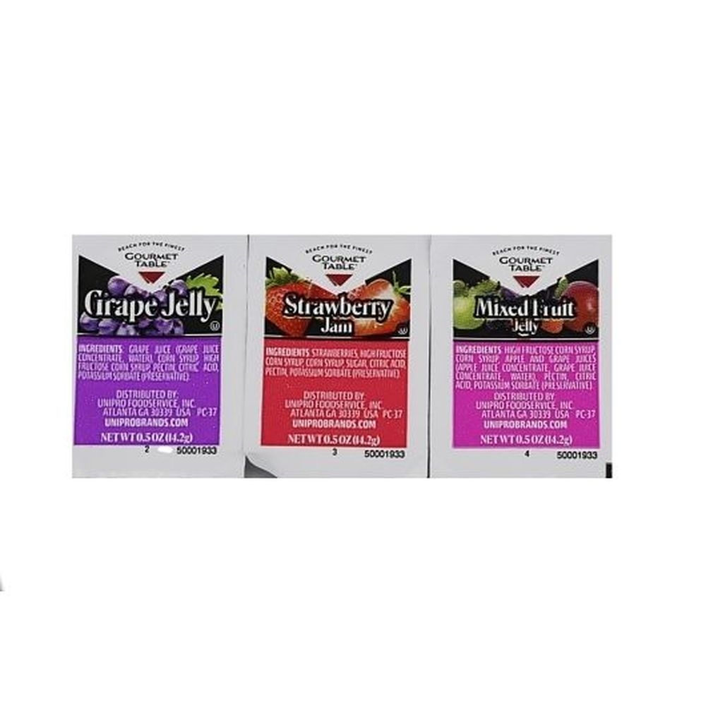 Gourmet Table Assorted Grape Jam Mixed Fruit Jelly and Strawberry Jam, 0.5 Ounce Cup - 200 per case