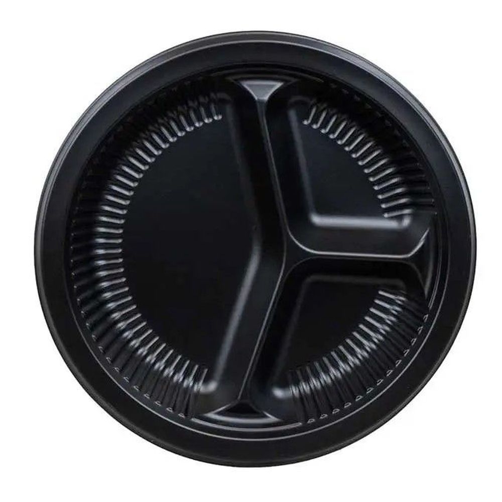 Genpak Black 3 Compartment Round Ribbed Plate, 10 inch -- 400 per case